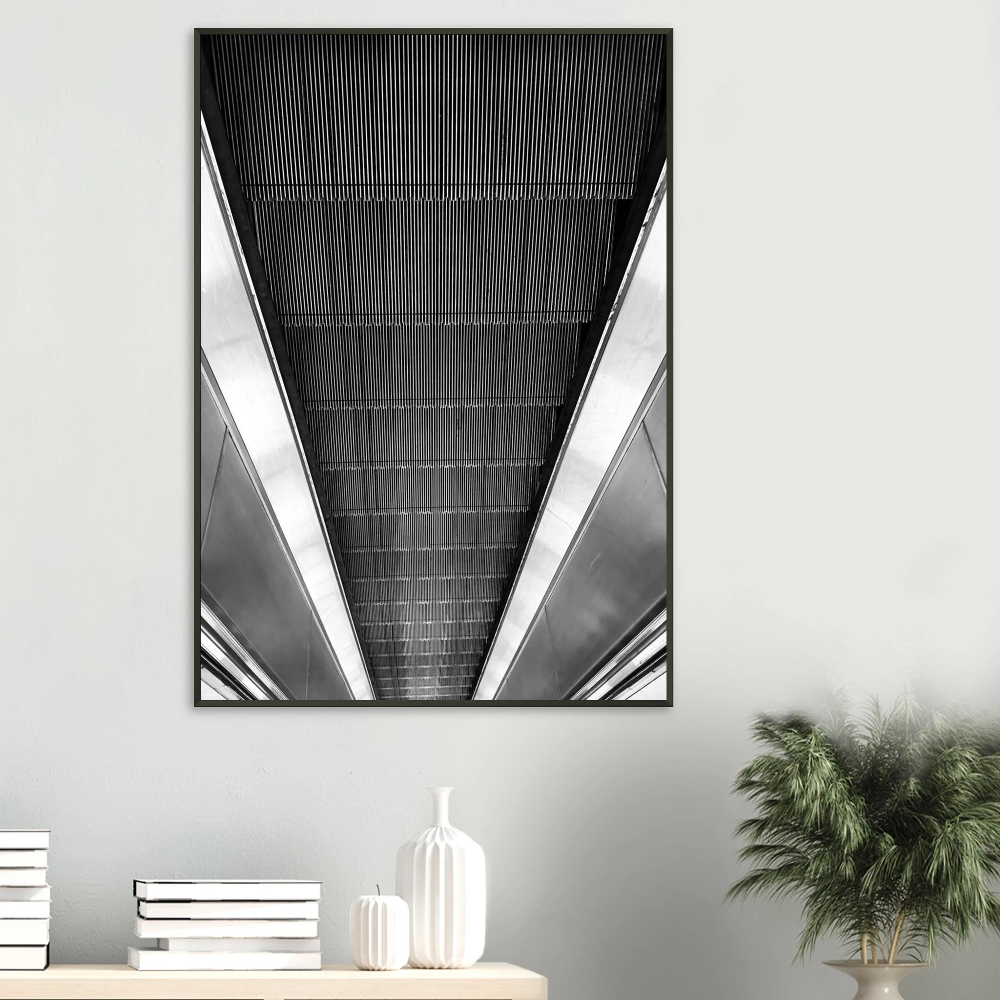 Black and white framed print of a London Tube escalator abstract from the Travel Collection by My Store, studio edition.