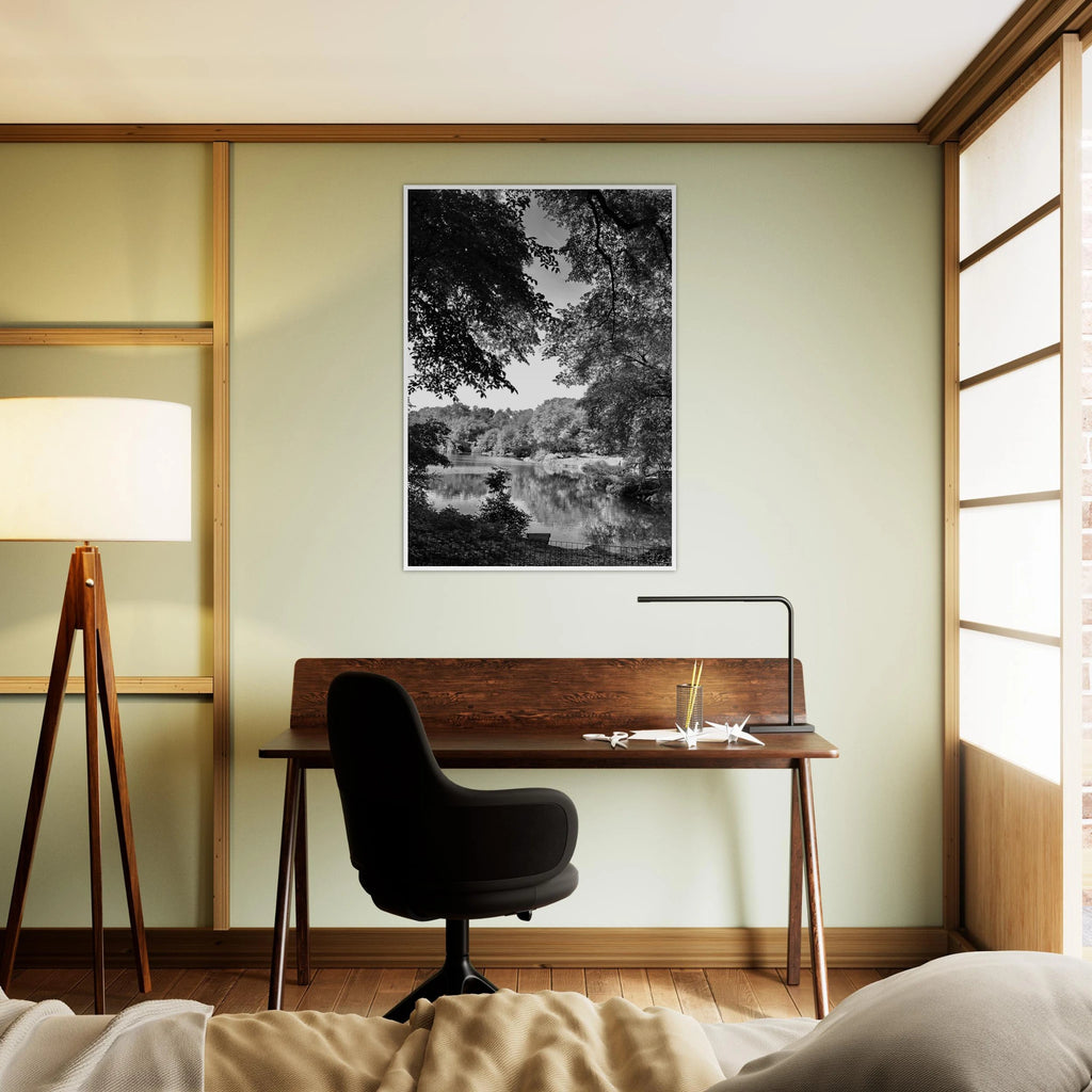 Black and white framed print of Upstate NY summer lake scene from the My Store travel collection, Studio Edition Holiday 25.