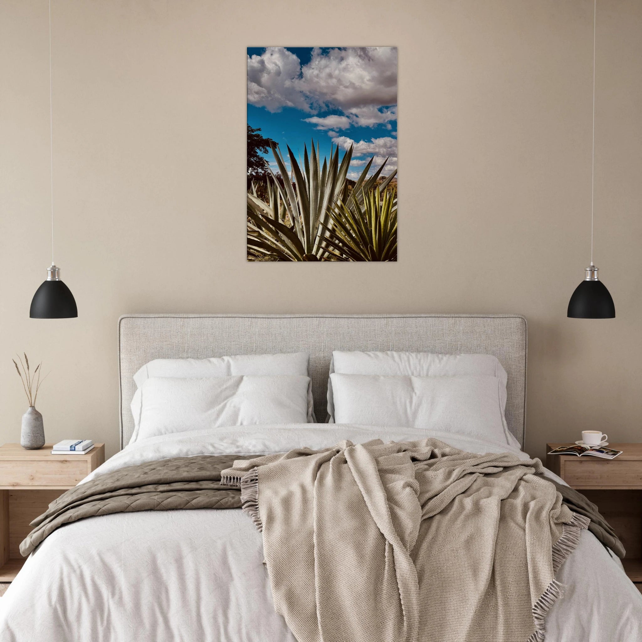 Oaxaca Desert canvas artwork depicting mezcal plantation from the travel collection, vibrant colors and detailed landscape.