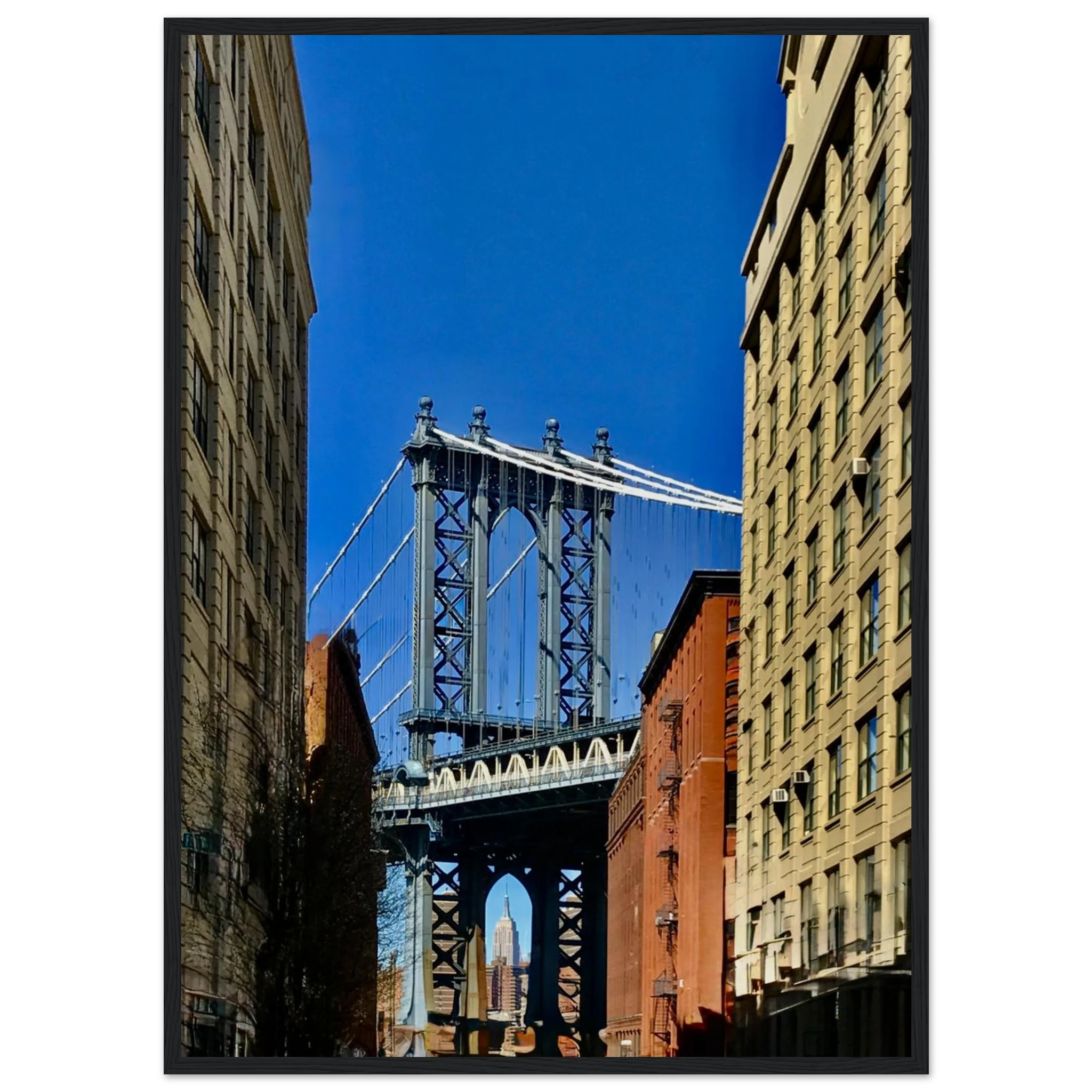 NYC Dumbo skyline wooden framed print by CaliCuration, featuring spring day travel wall art with vibrant cityscape details.