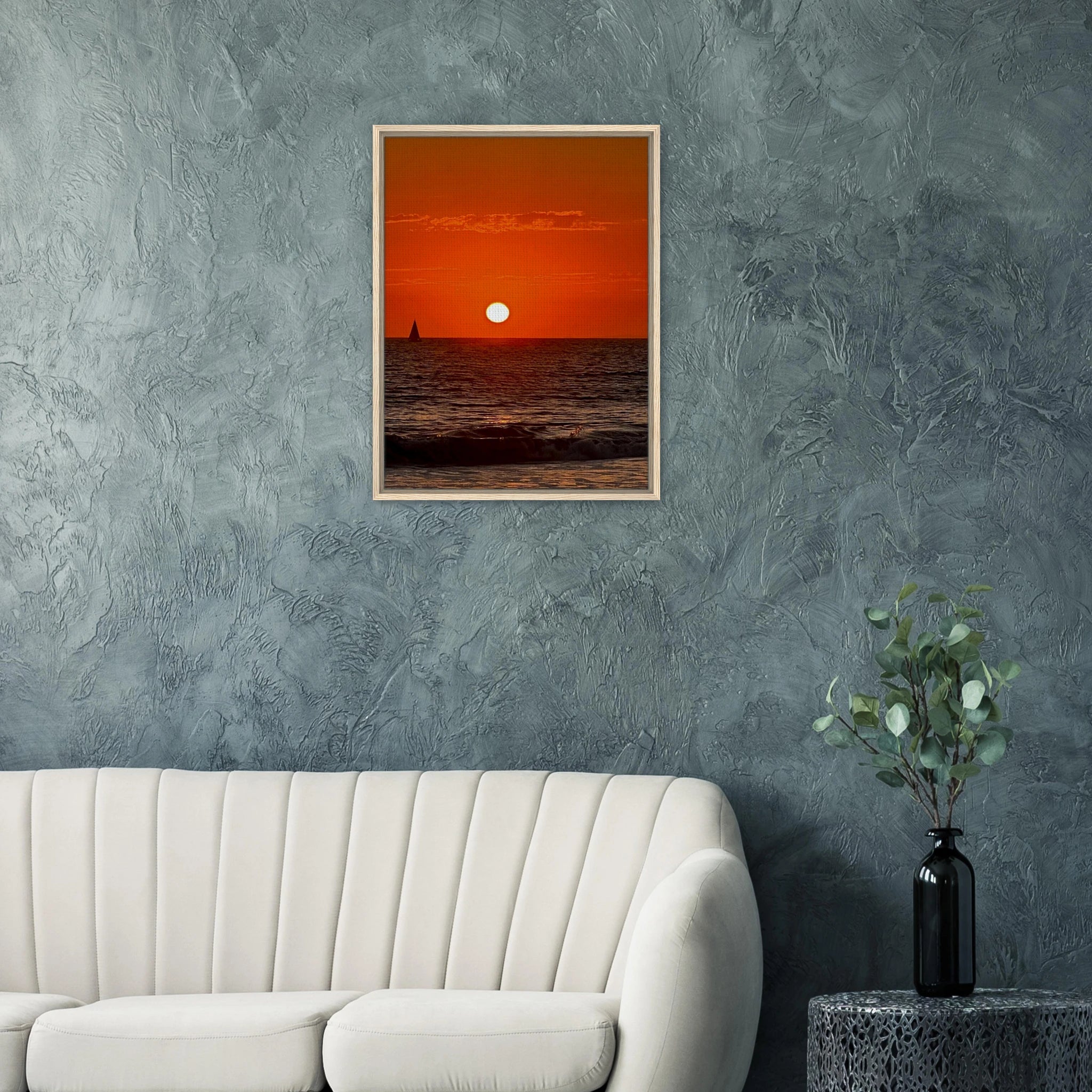 Framed Canvas print of California Red Sunset Series 1/3 by CaliCuration showcasing vibrant red sunset hues in a studio edition.