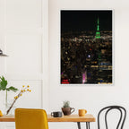 Wood-mounted framed poster of NYC downtown night view featuring the Empire State Building, part of the Studio Edition travel collection.