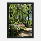 Serene Central Park Walkway framed print wall art, depicting a peaceful New York City scene with lush trees and pathway.