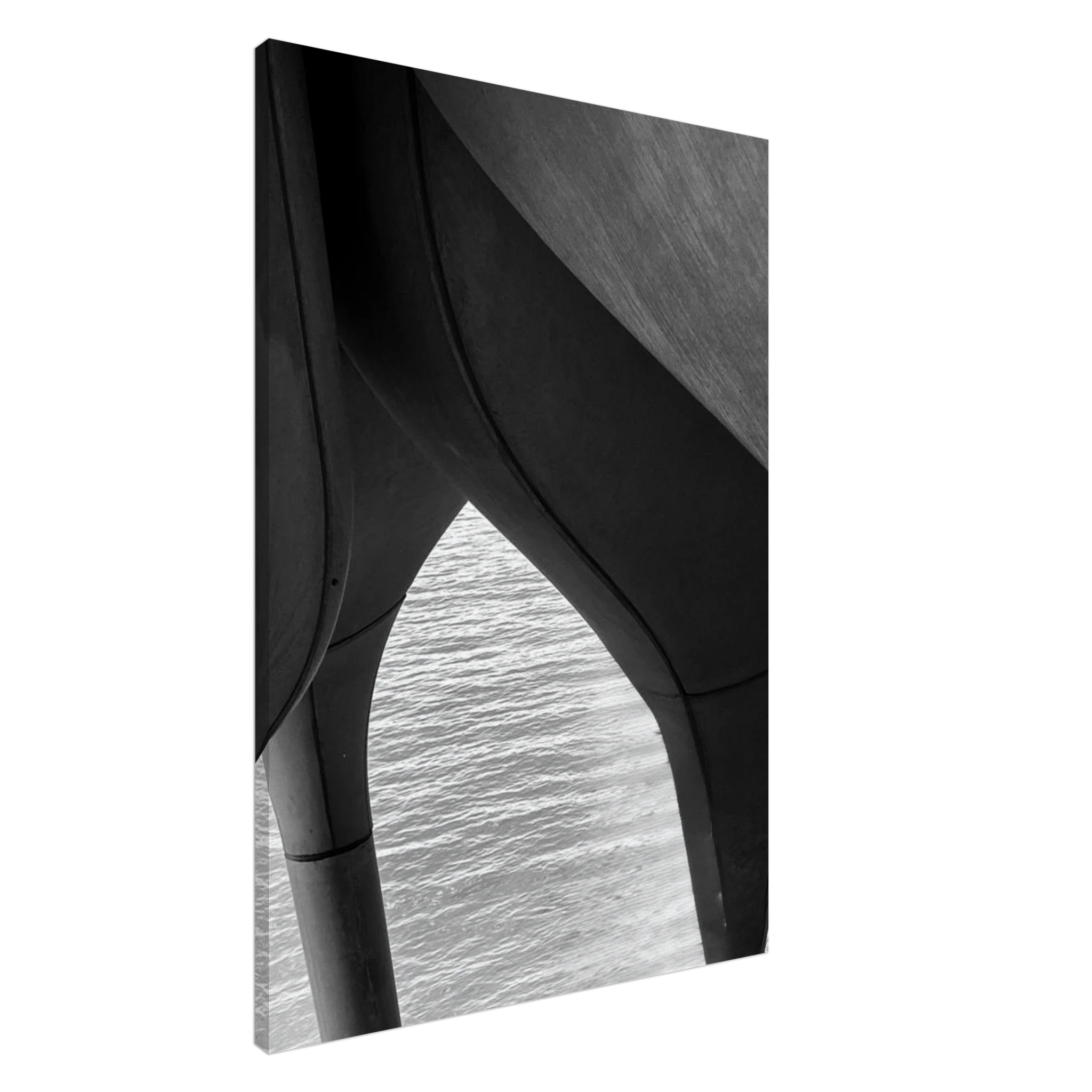 Black and white abstract canvas print of NYC Hudson River Pier with high heels in water, from the Studio Edition Travel Collection.