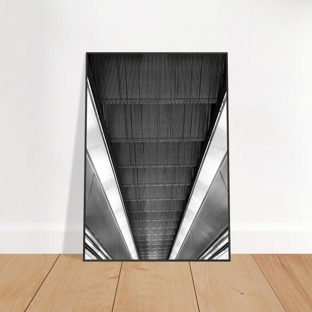Black and white framed print of London Tube escalator abstract artwork from the Travel Collection by My Store.