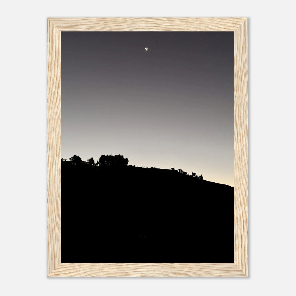 Wooden framed semi-glossy poster featuring black and white California Hollywood Hills moon scene, studio edition print art.