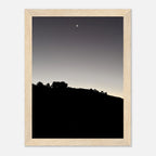 Wooden framed semi-glossy poster featuring black and white California Hollywood Hills moon scene, studio edition print art.