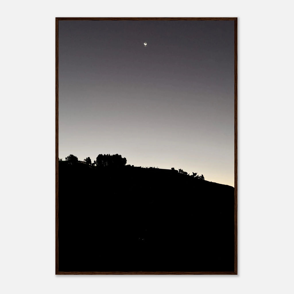 Black and white semi-glossy poster featuring a fall moon over Hollywood Hills, framed in wood, from the California Studio Edition series.