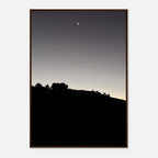 Black and white semi-glossy poster featuring a fall moon over Hollywood Hills, framed in wood, from the California Studio Edition series.