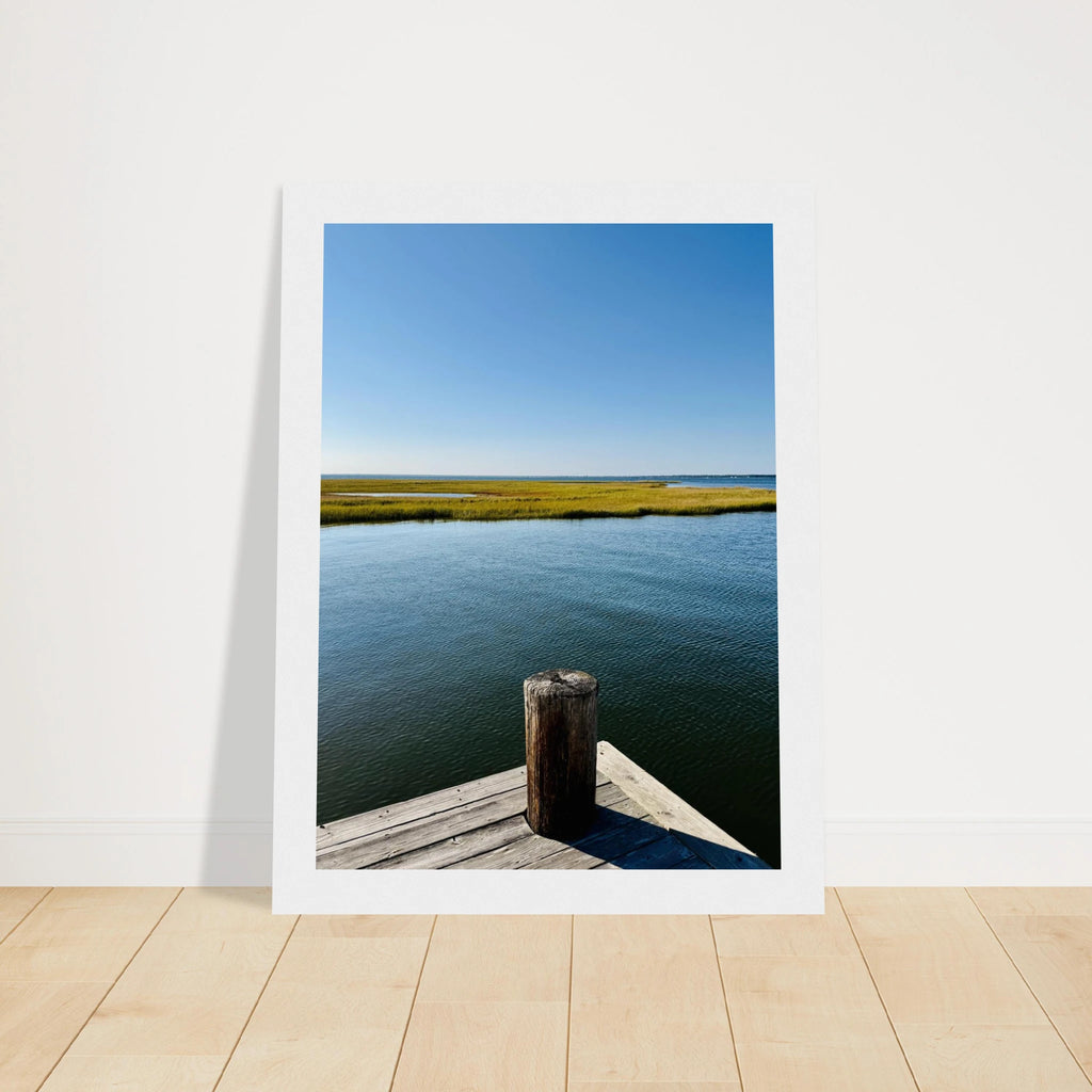 Framed print of Long Island Sound with a dreamy pier scene, capturing a tranquil summer mood for wall decor.