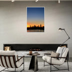 Manhattan Skyline Sunset framed poster featuring NYC cityscape wall art, printed on high-quality material.
