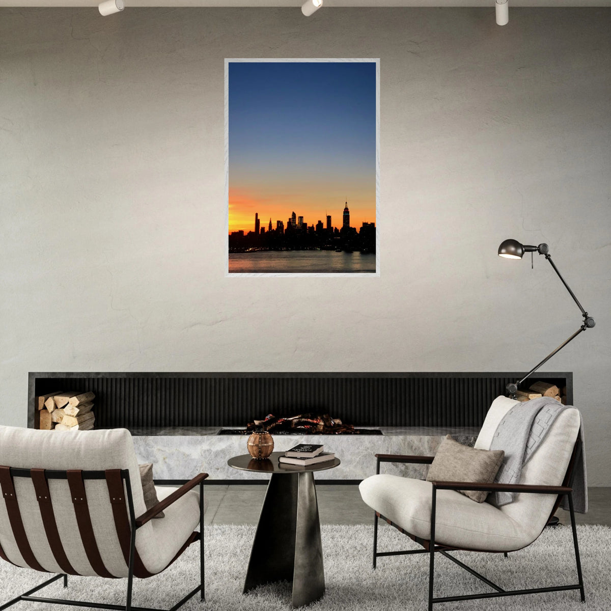 Manhattan Skyline Sunset framed poster featuring NYC cityscape wall art, printed on high-quality material.