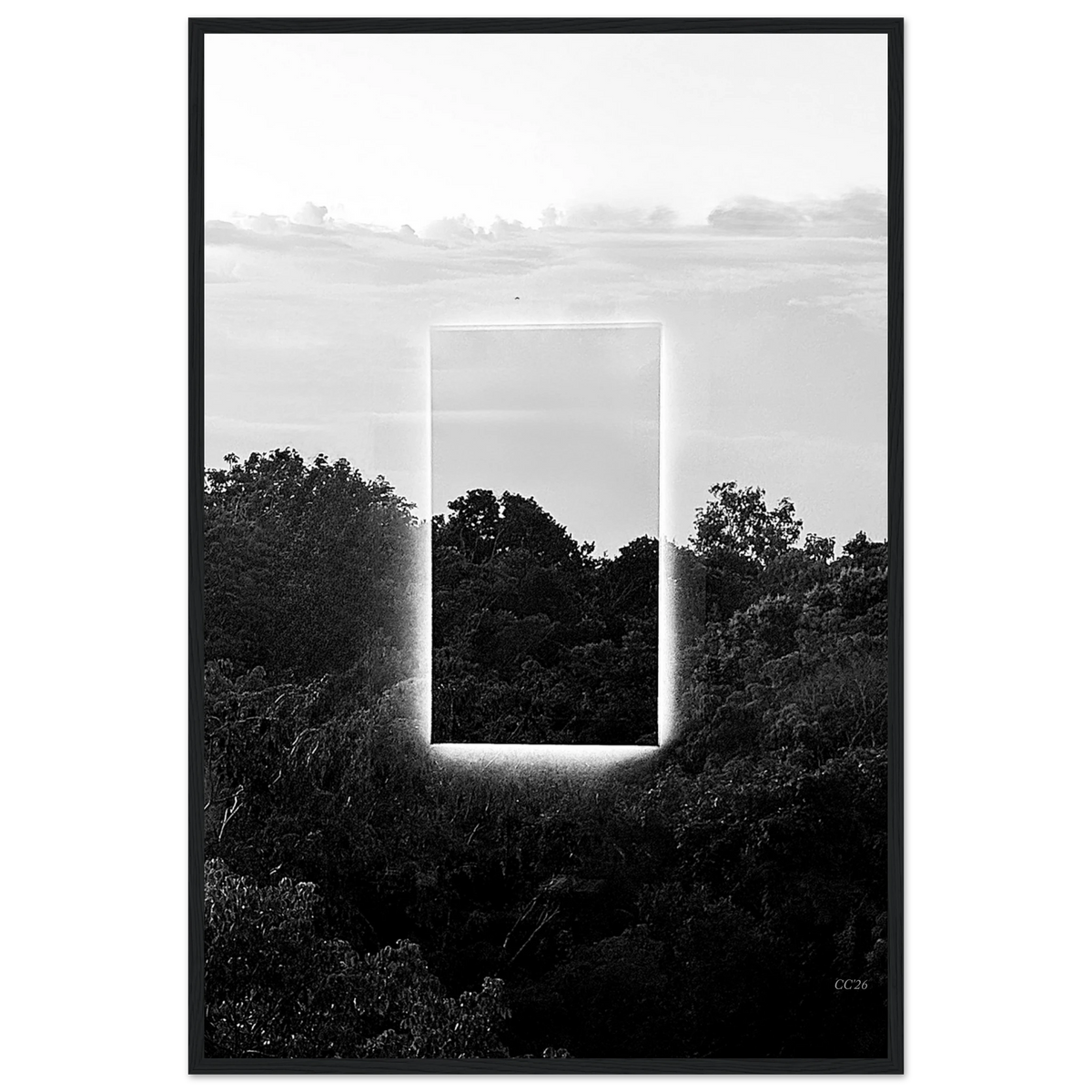 Black and white print titled "A Window into Jungle Stillness" by CaliCuration, showcasing a serene jungle scene.