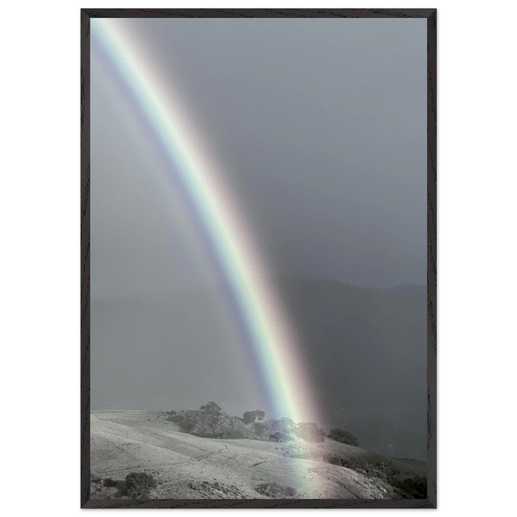 Black and white framed poster of a rainbow after a summer storm, part of the California Central Coast travel collection.