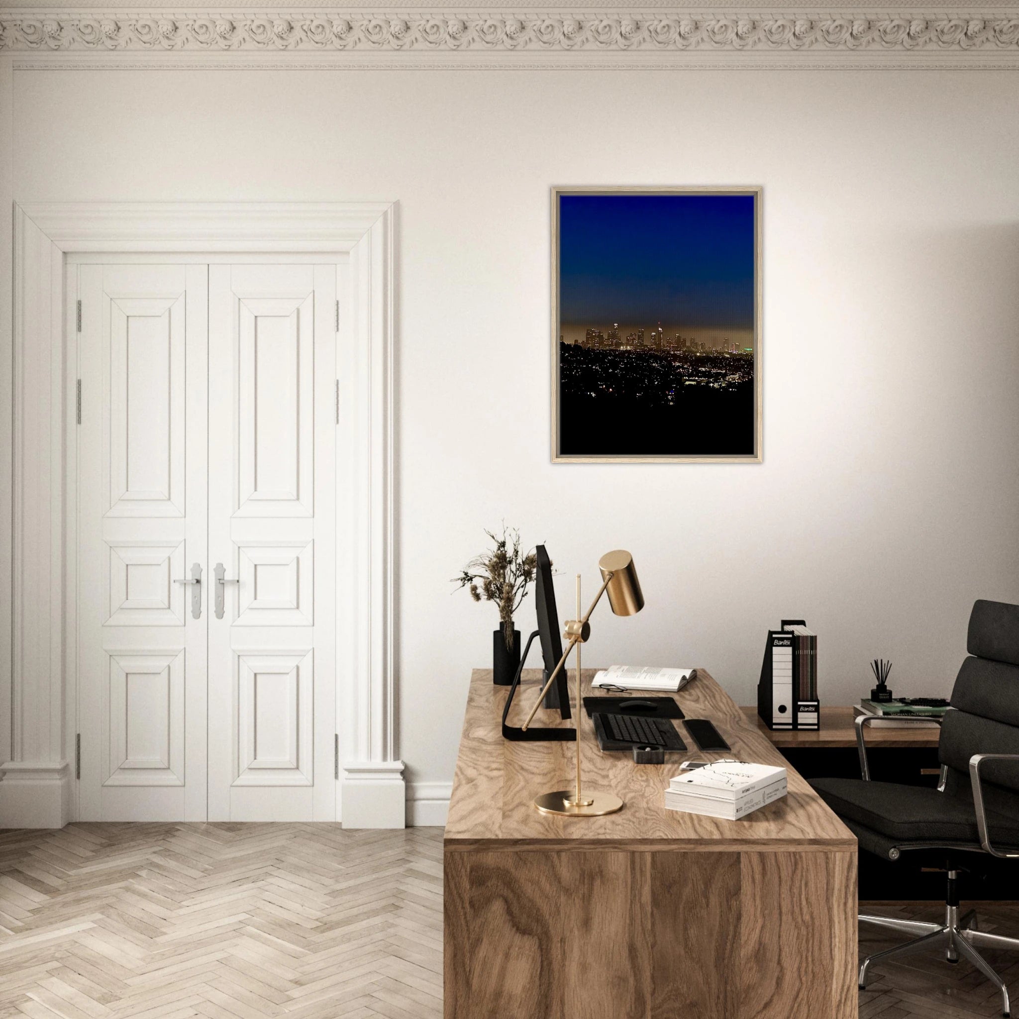 Premium wooden framed canvas print of Los Angeles Downtown Nightglow, elegant wall art with vibrant city night scene, Studio Edition.