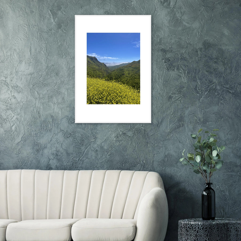 Spring bloom wildflowers art print of Malibu Canyon in California, framed poster showcasing vibrant wildflower scenery.