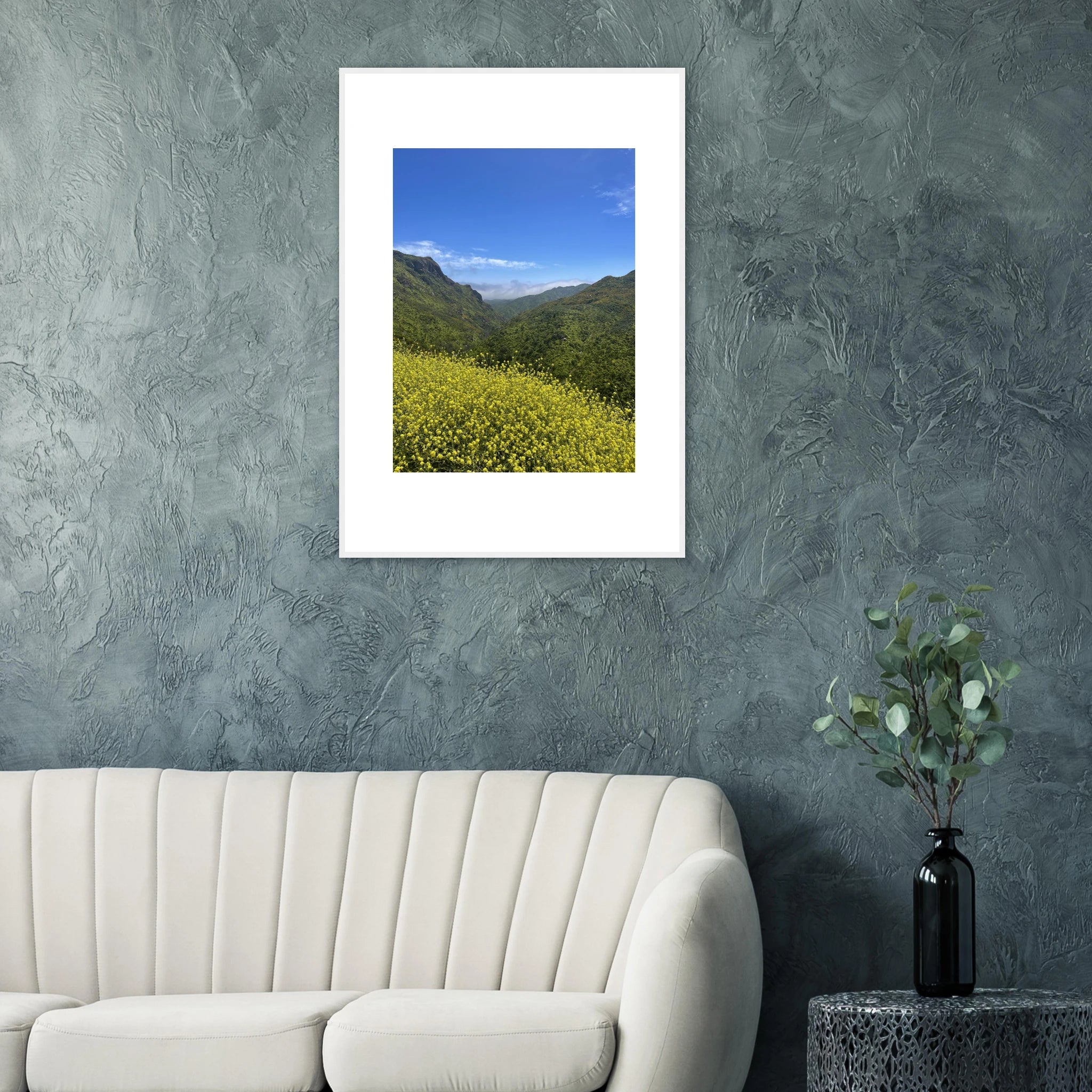 Spring bloom wildflowers art print of Malibu Canyon in California, framed poster showcasing vibrant wildflower scenery.