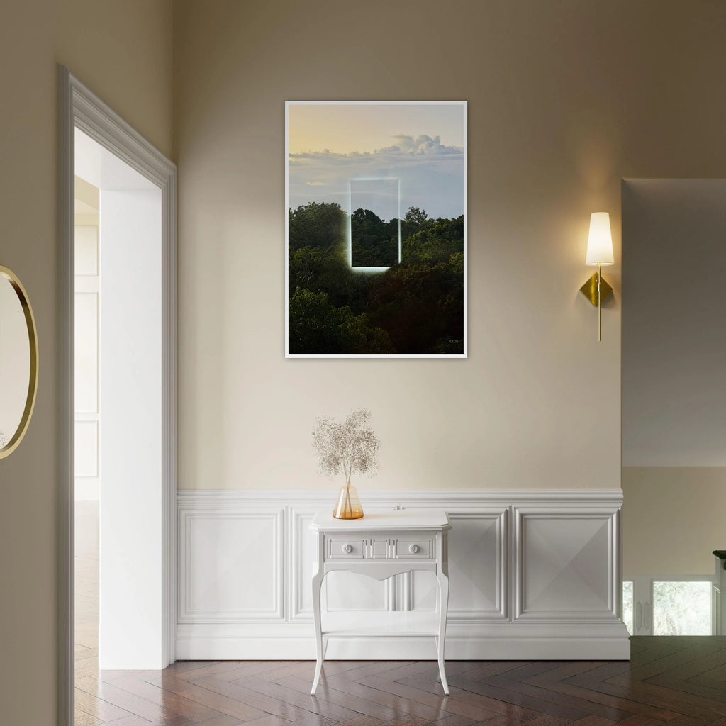 Color print of "A Window into Jungle Stillness" by CaliCuration, showcasing lush jungle scenery in vibrant hues.