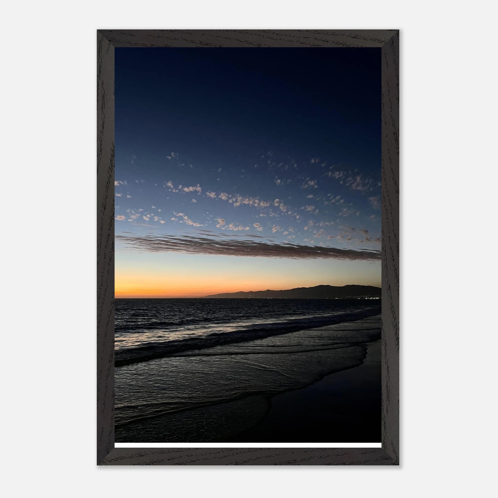 Premium wooden framed poster of a vibrant SoCal fall sunset, featuring California landscape artwork for stylish home decor.