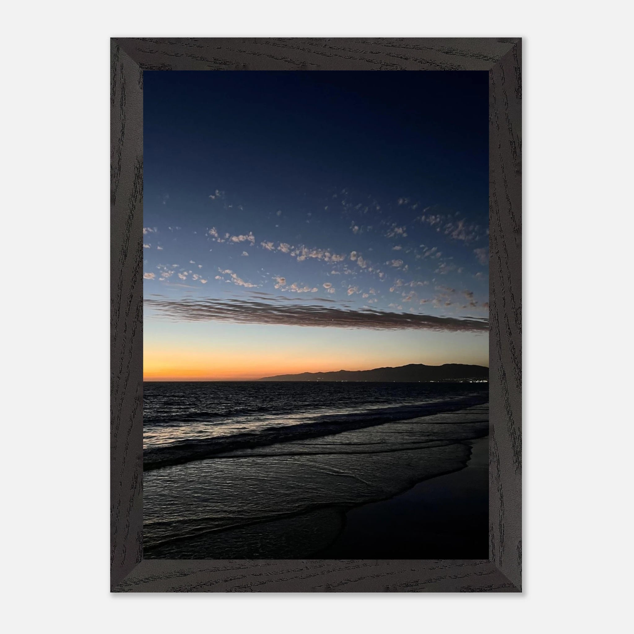 Premium wooden framed poster of SoCal fall sunset with vibrant artwork, mounted in a semi-gloss finish for home decor.