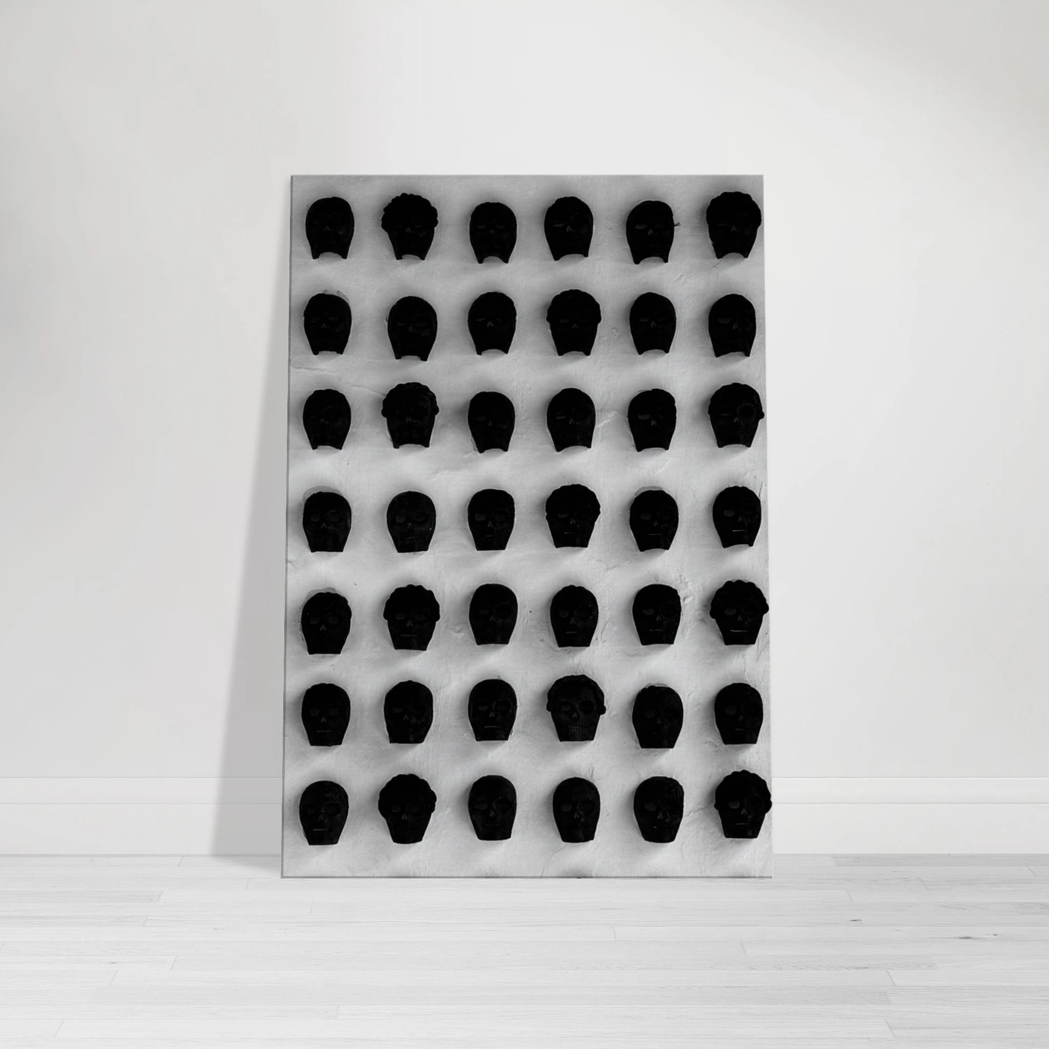 Black and white monochrome skull grid canvas wall art, minimalist statement photography print from the Travel Collection Studio Edition.