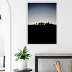 Black and white framed print of Hollywood Hills with city lights, part of the Summer Hike California poster art series.