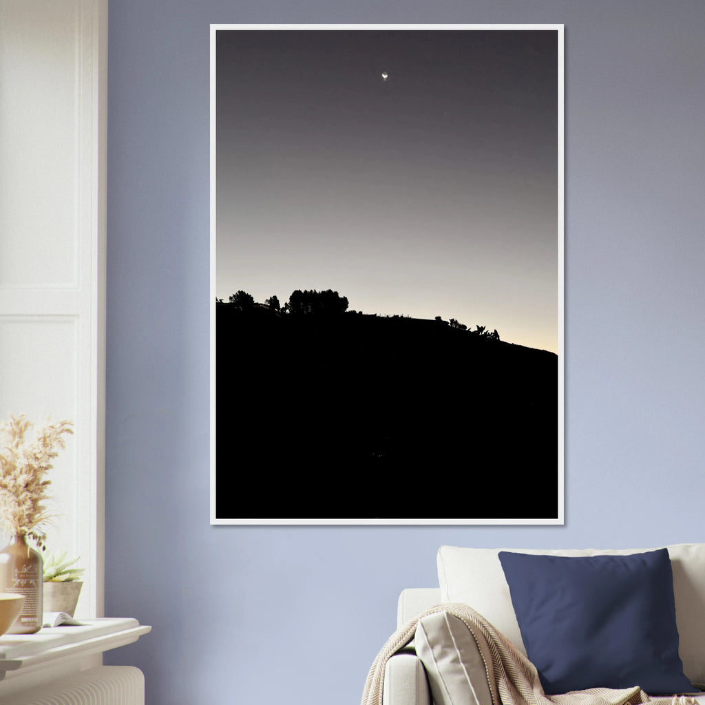 Wooden framed semi-glossy poster featuring black and white Hollywood Hills moon scene from the Fall New Moon series.