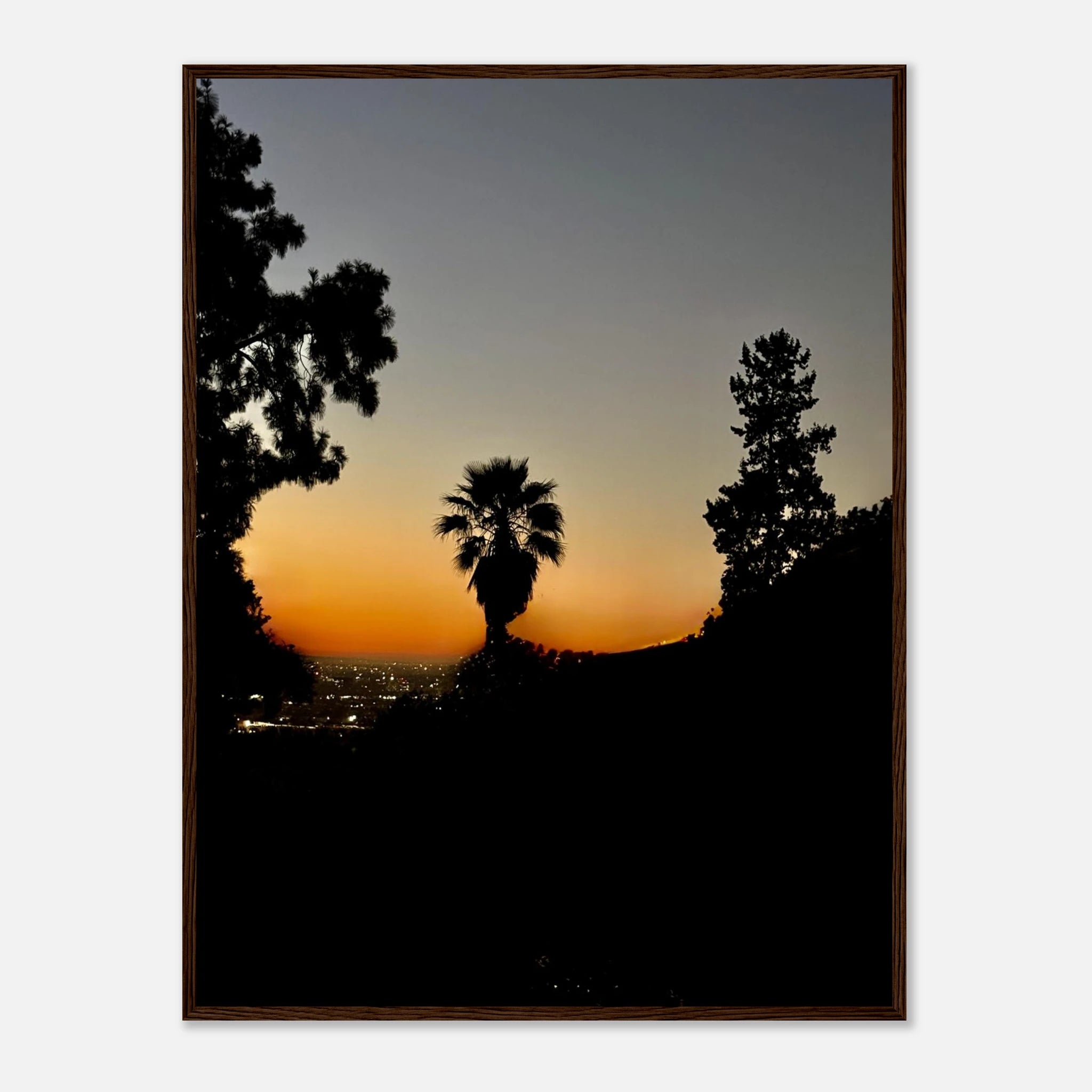 Winter Sunset Laurel Canyon Hollywood Hills framed poster, California art print featuring vibrant sunset scenery with mountain and canyon view.