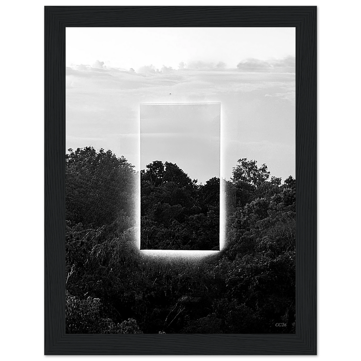 Black and white print titled "A Window into Jungle Stillness" by CaliCuration, featuring a serene jungle scene with lush foliage.