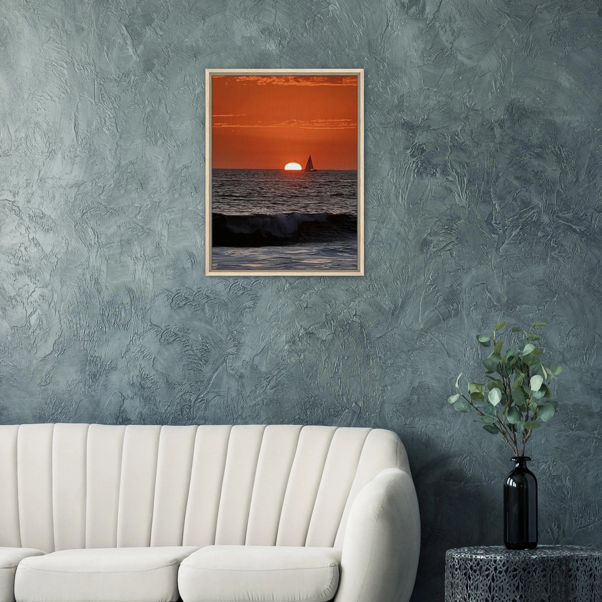 Wooden framed canvas print of California Red Sunset Series 4/4 by CaliCuration, featuring vibrant red sunset hues.