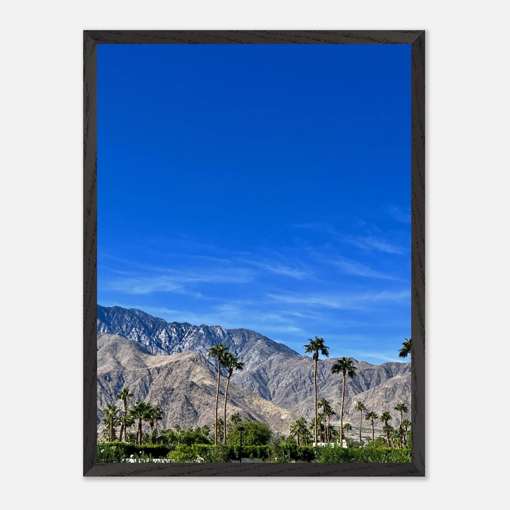 Premium wooden framed poster of a sunny fall day in Palm Springs California, showcasing vibrant autumn colors and scenic landscape art.