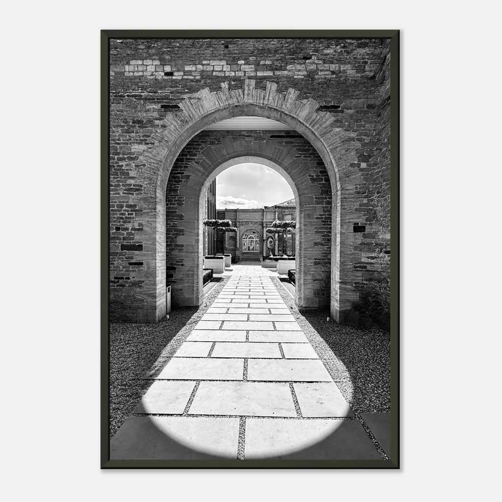 Black and white aluminum framed poster of Summer Light and Shadows art from the Cotswolds Estate Travel Collection, Studio Edition.