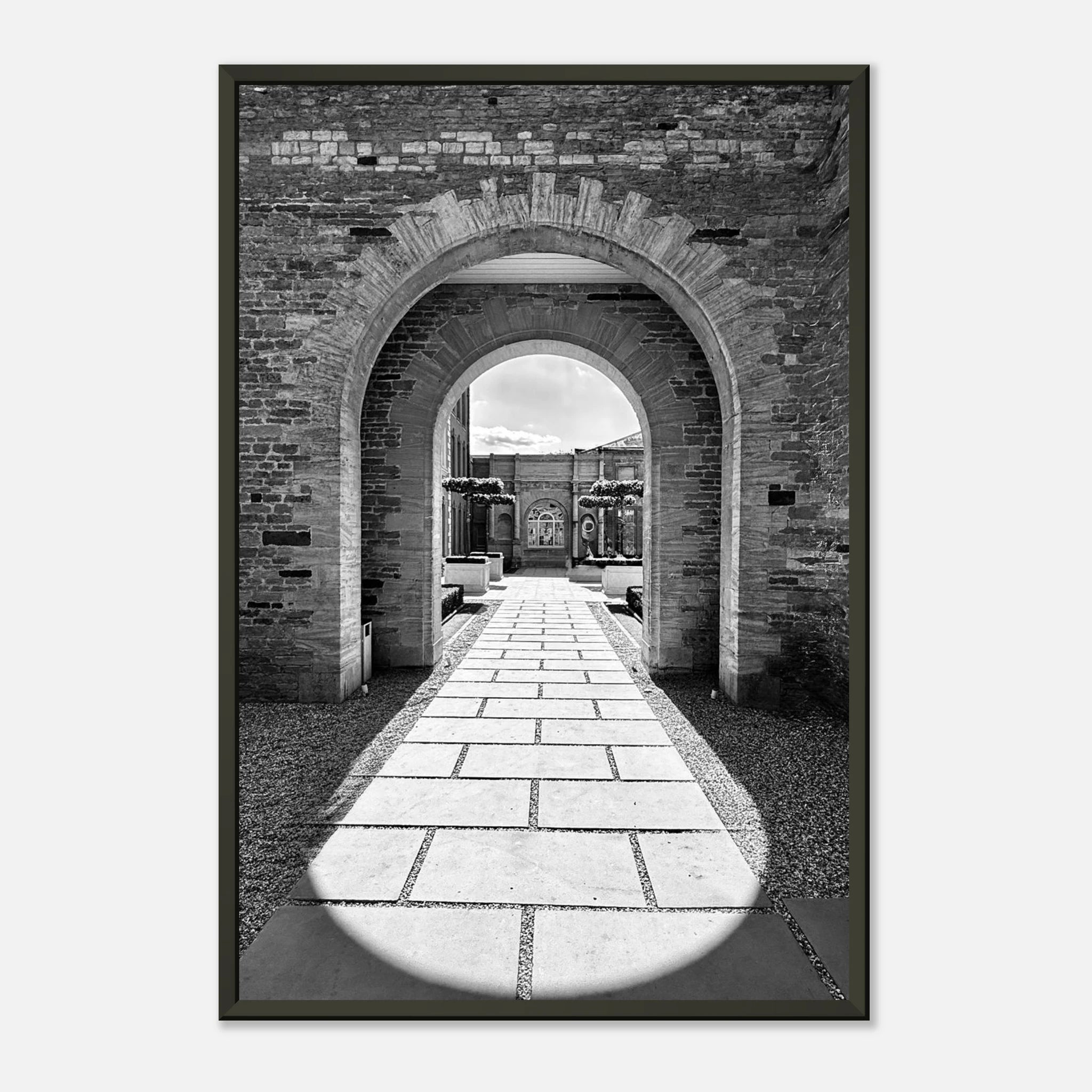 Black and white Cotswolds Estate aluminum framed poster featuring summer light and shadows, from the My Store travel art collection.