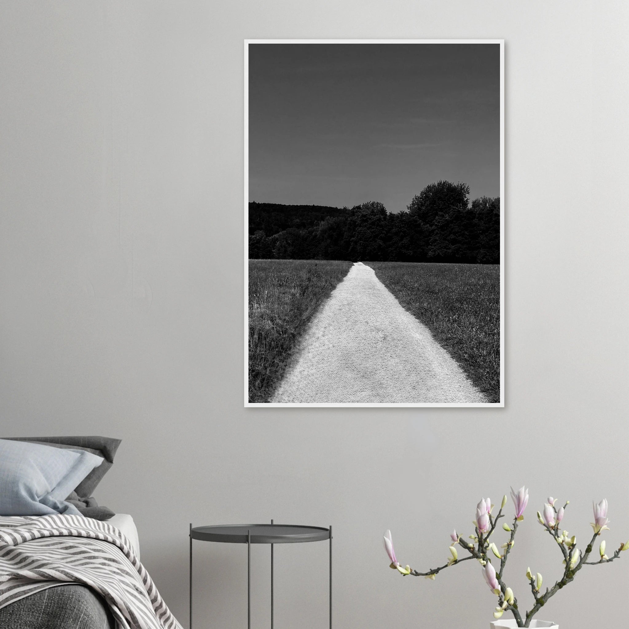 Black and white framed poster of a summer road scene from the Travel Collection, printed on premium semi-glossy paper.
