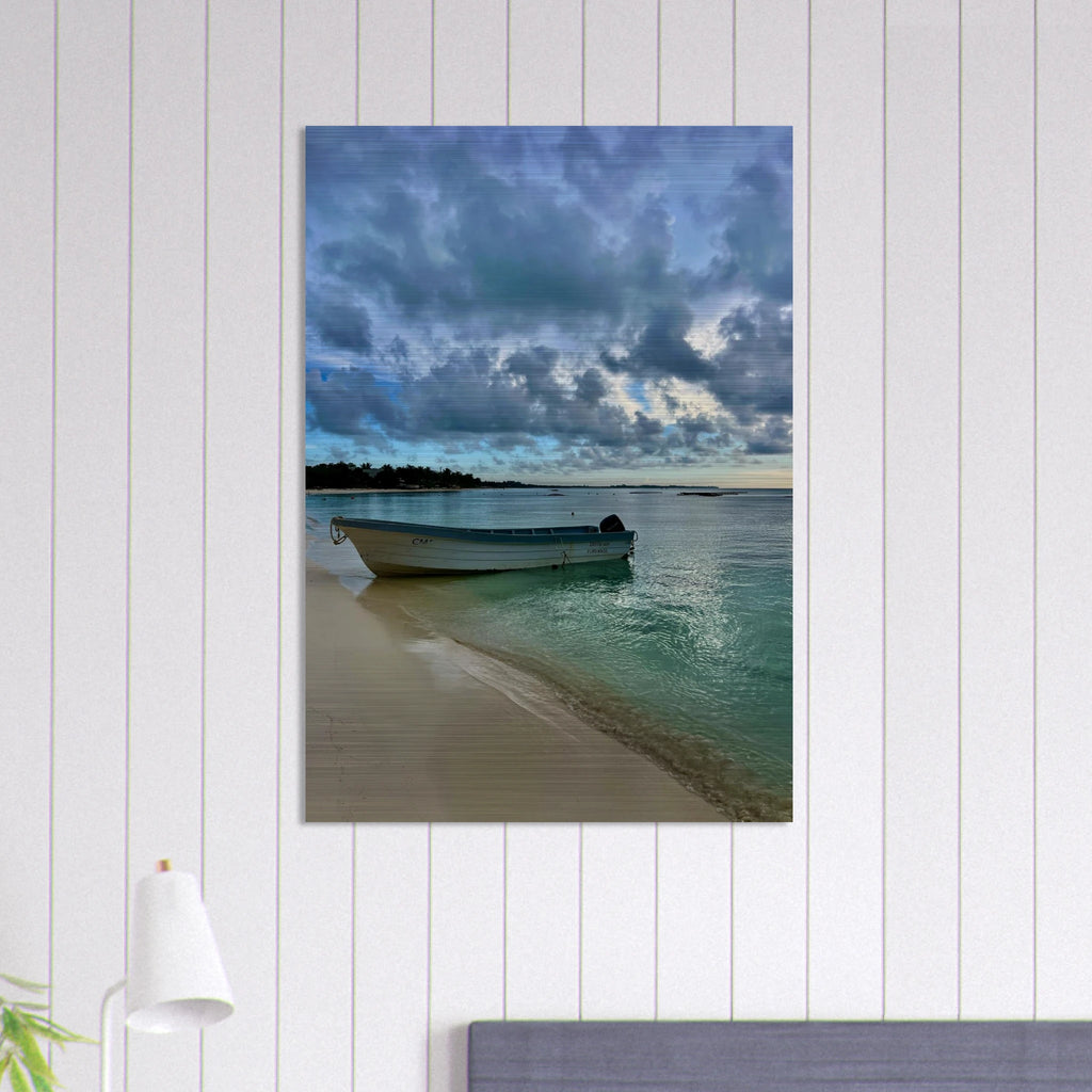 Brushed aluminum print of a tranquil Caribbean beach scene featuring a fisherboat, part of CaliCuration's Tulum travel art collection.
