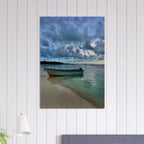 Brushed aluminum print of a tranquil Caribbean beach scene featuring a fisherboat, part of CaliCuration's Tulum travel art collection.