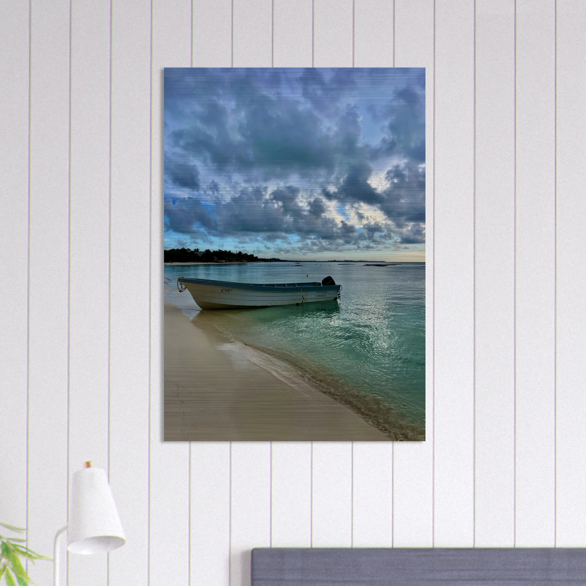 Brushed aluminum print of a tranquil Caribbean beach scene featuring a fisherboat, part of CaliCuration's Tulum travel art collection.