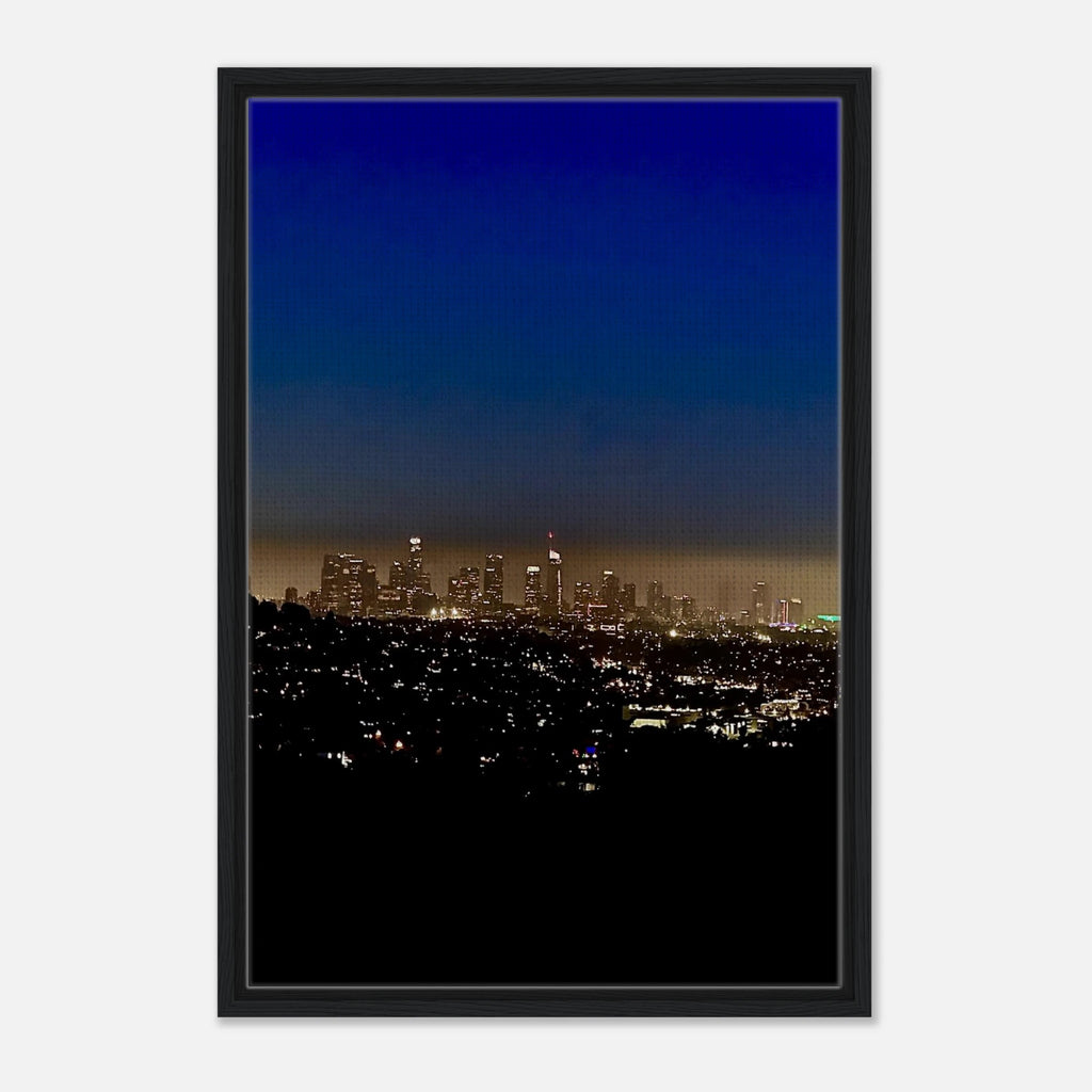 Premium wooden framed canvas print of Los Angeles Downtown Nightglow, elegant home wall art, California studio edition.