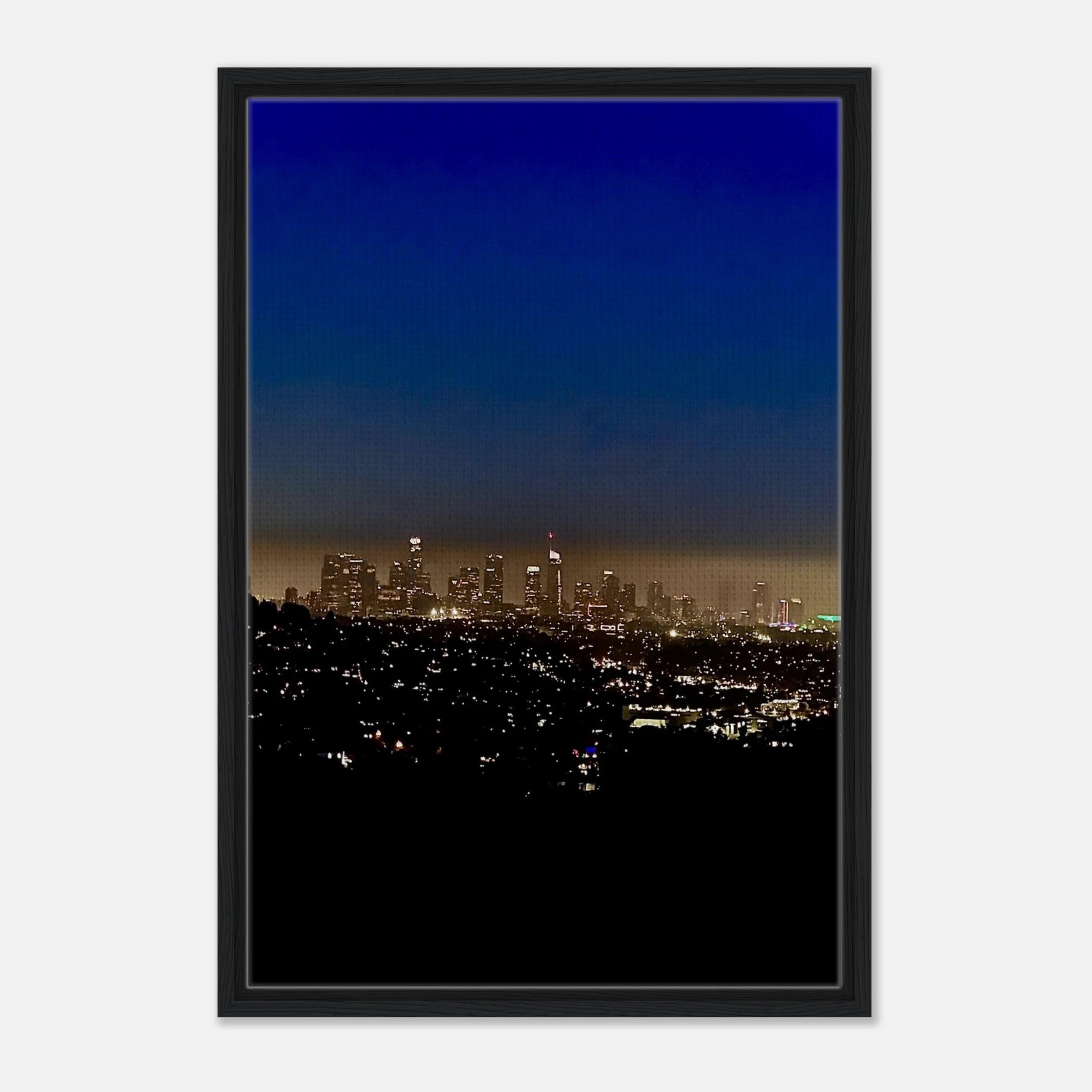 Premium wooden framed canvas print of Los Angeles Downtown Nightglow, elegant home wall art, California studio edition.
