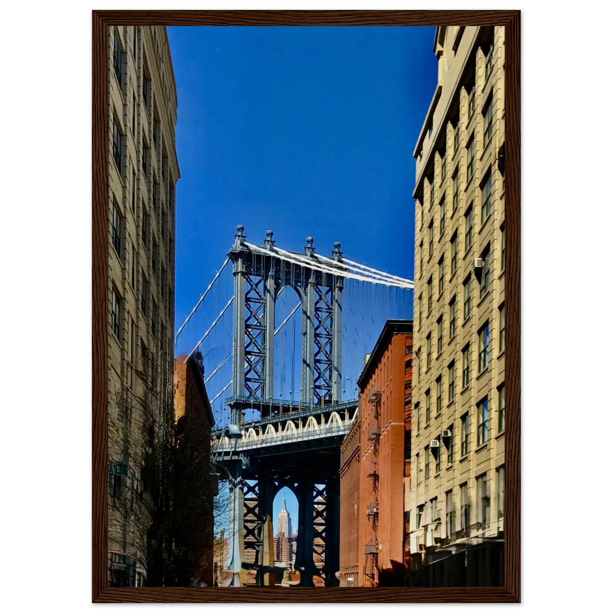 NYC Dumbo skyline wooden framed print by CaliCuration, spring day travel wall art in a studio edition, showcasing vibrant cityscape.