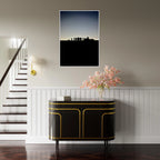 Black and white framed print of Hollywood Hills with city lights, part of the Summer Hike California poster art series.