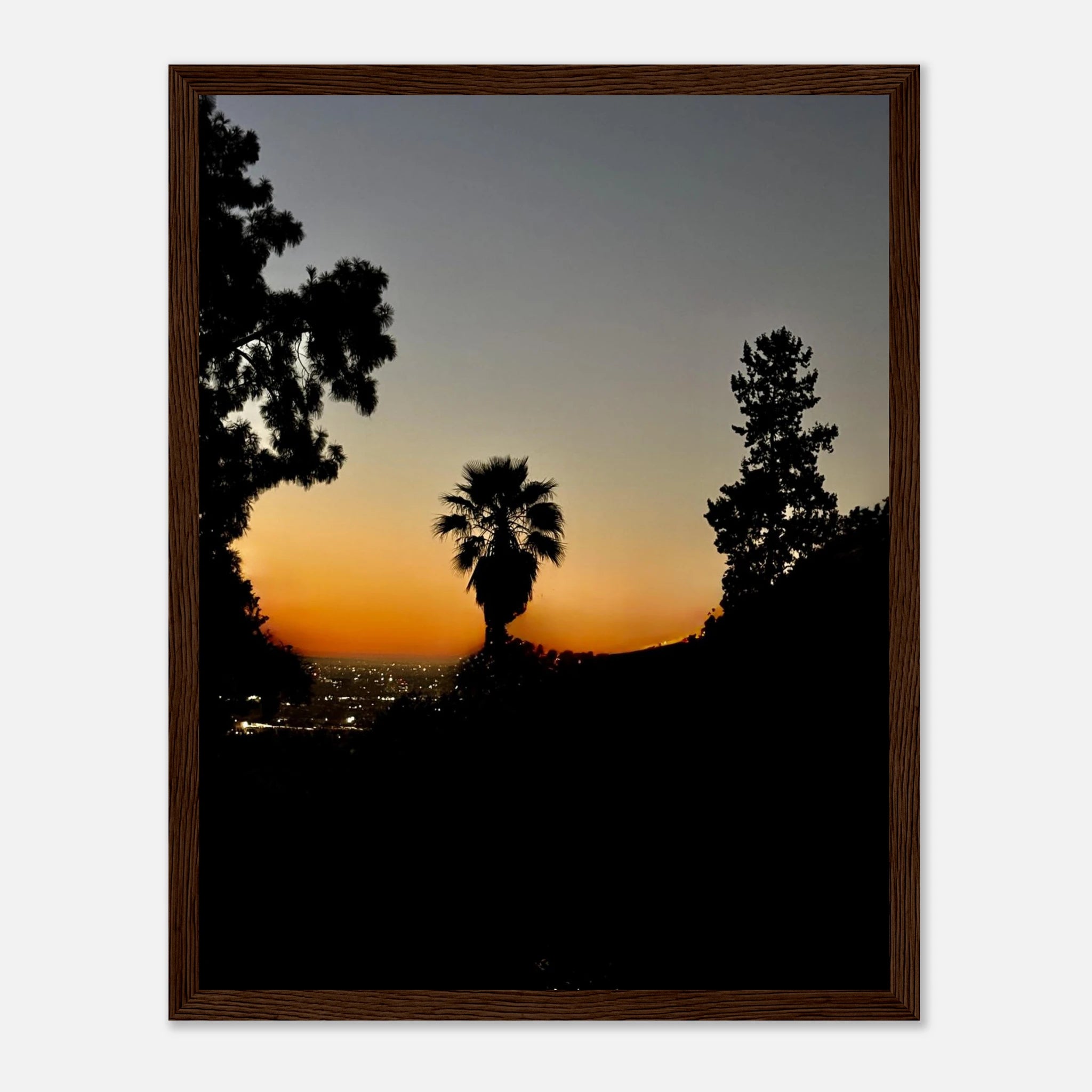 Winter Sunset Laurel Canyon Hollywood Hills framed poster, California landscape art print with vibrant sunset colors and natural scenery.
