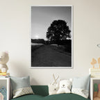 Mounted wooden framed poster of a black and white summer scene in the English Cotswolds, part of the Travel Collection Studio Edition.