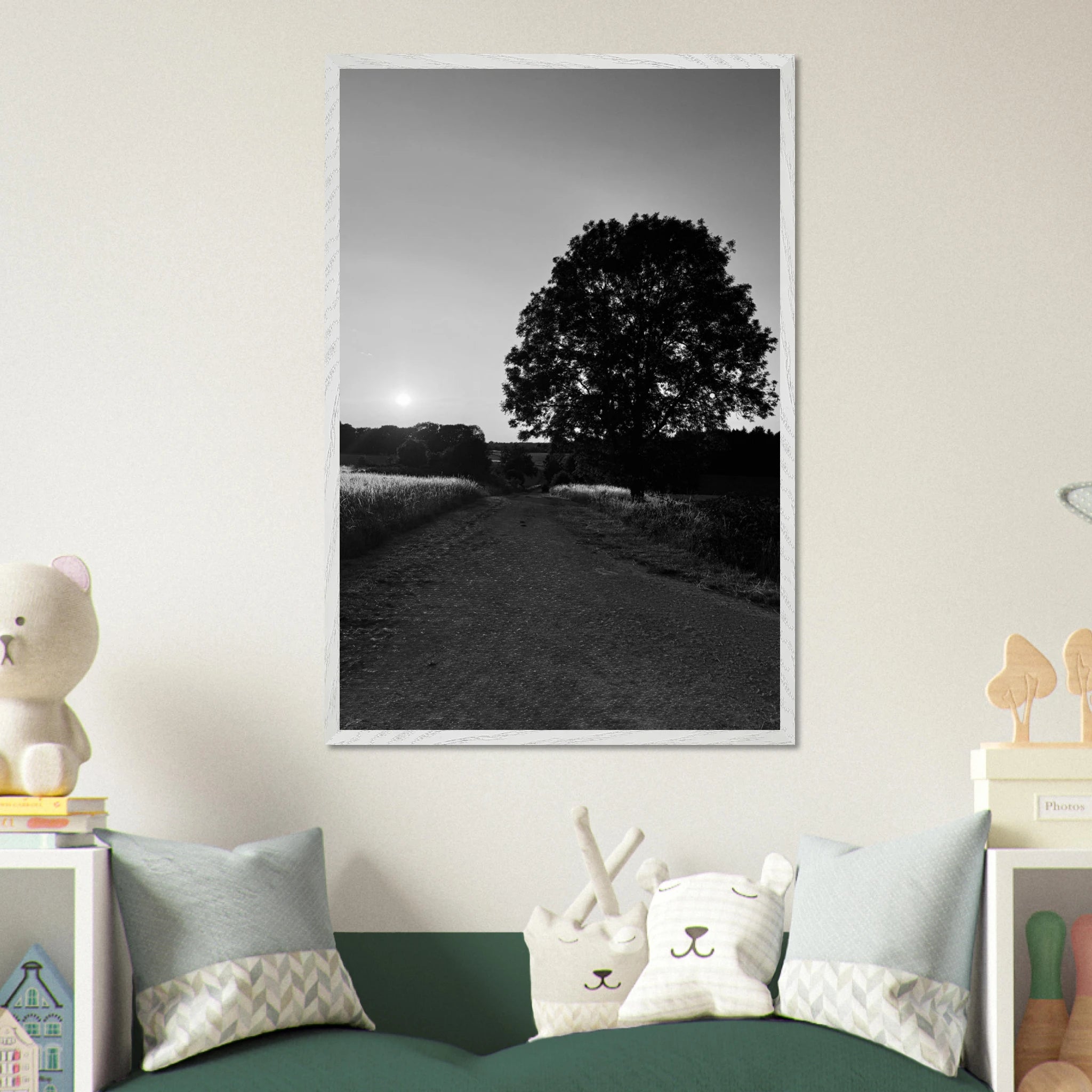 Mounted wooden framed poster of a black and white summer scene in the English Cotswolds, part of the Travel Collection Studio Edition.
