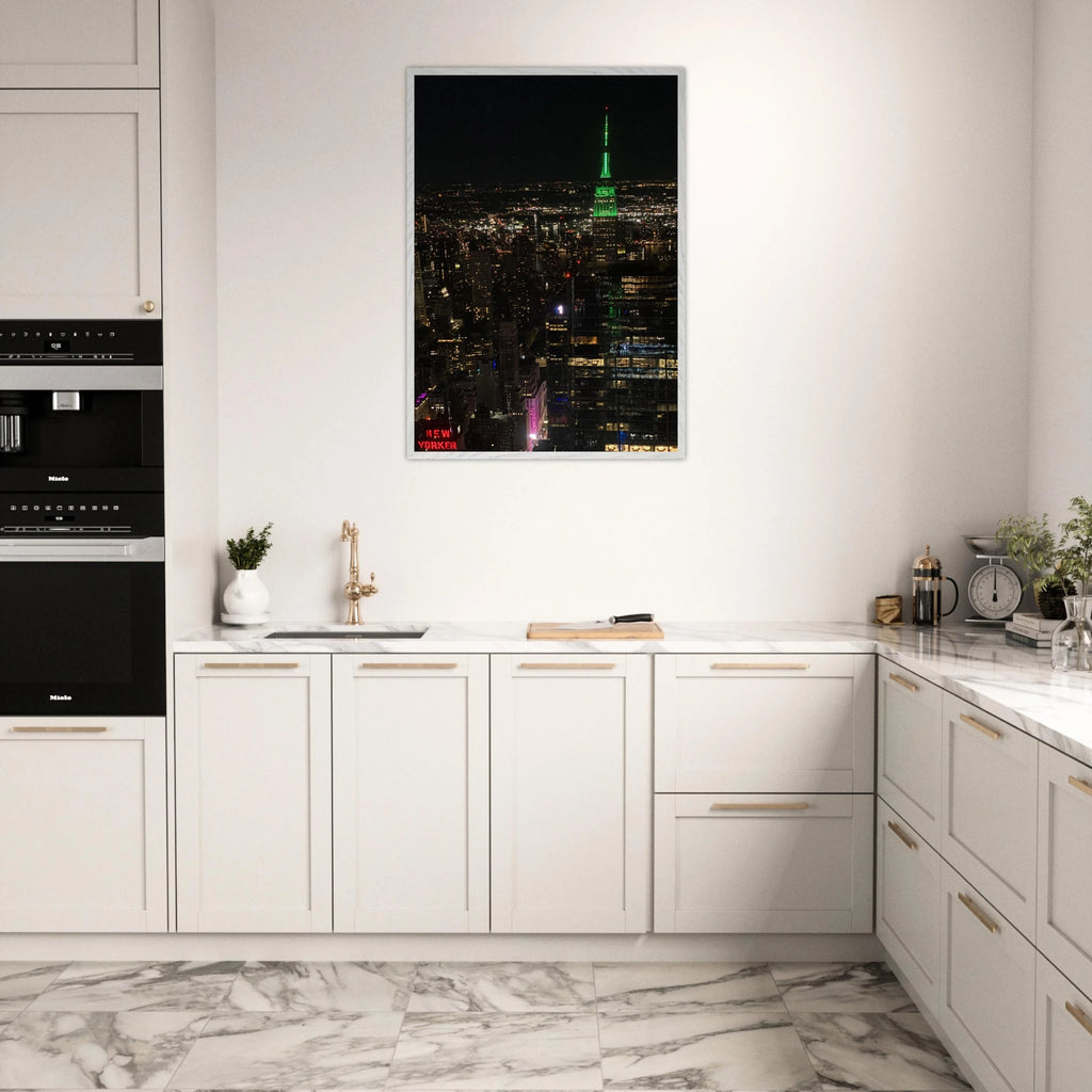 Wood-mounted framed poster of NYC downtown night view featuring the Empire State Building, part of the Studio Edition travel collection.