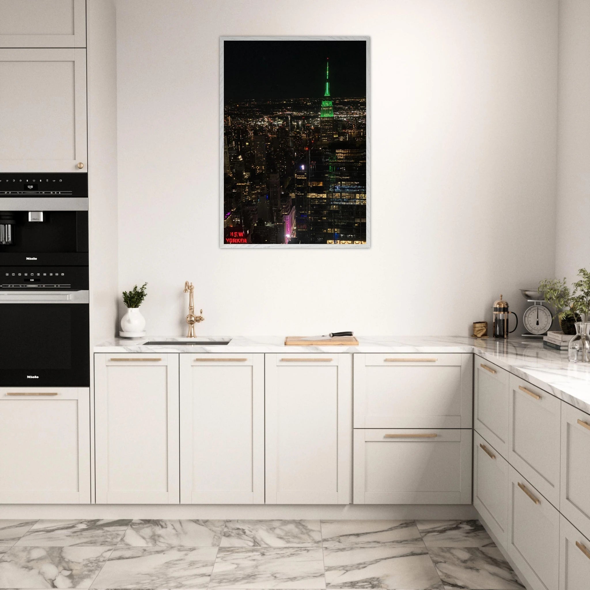 Wood-mounted framed poster of NYC downtown night view featuring the Empire State Building from the Travel Collection.
