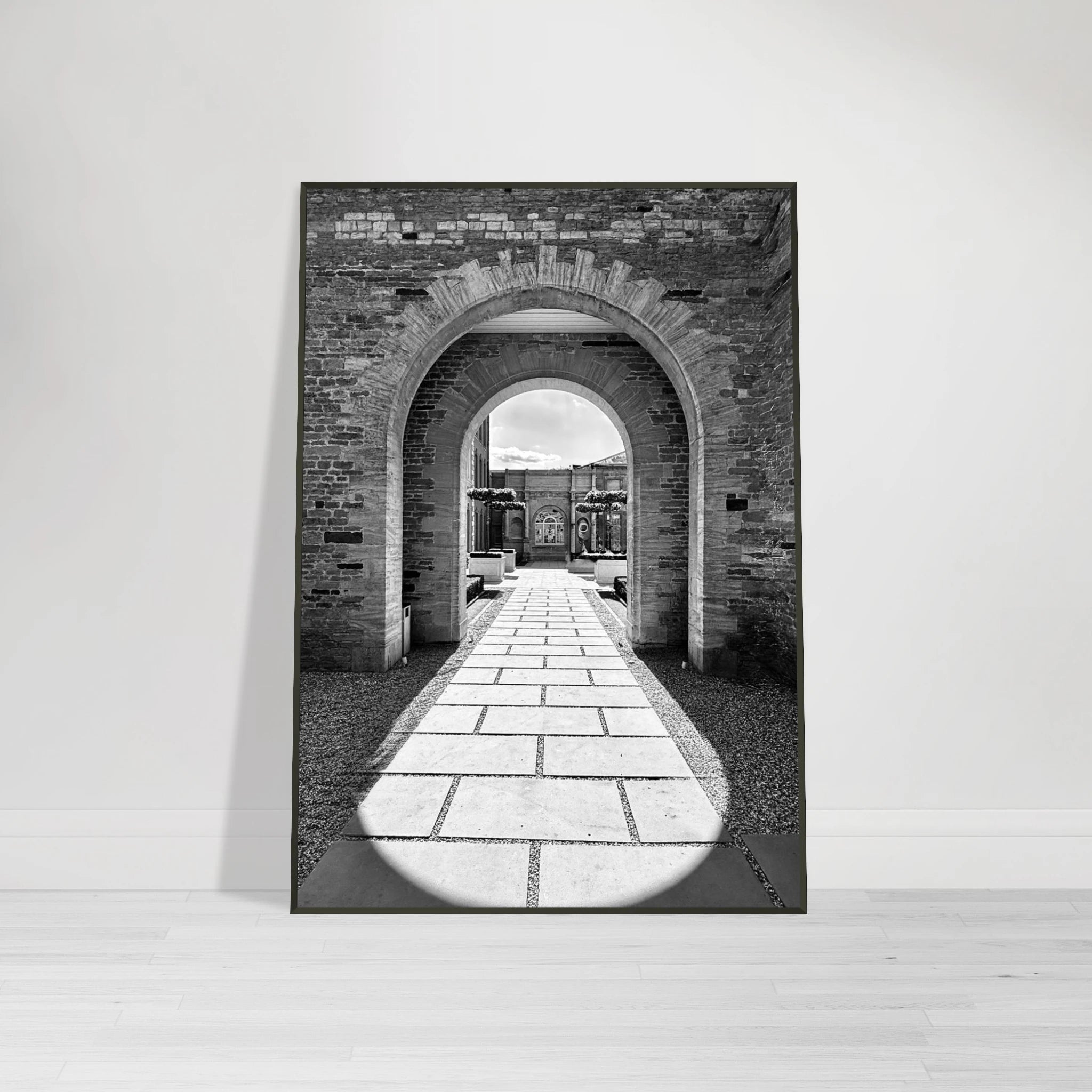 Black and white aluminum framed poster of summer light and shadows from the Cotswolds Estate Travel Collection by My Store.