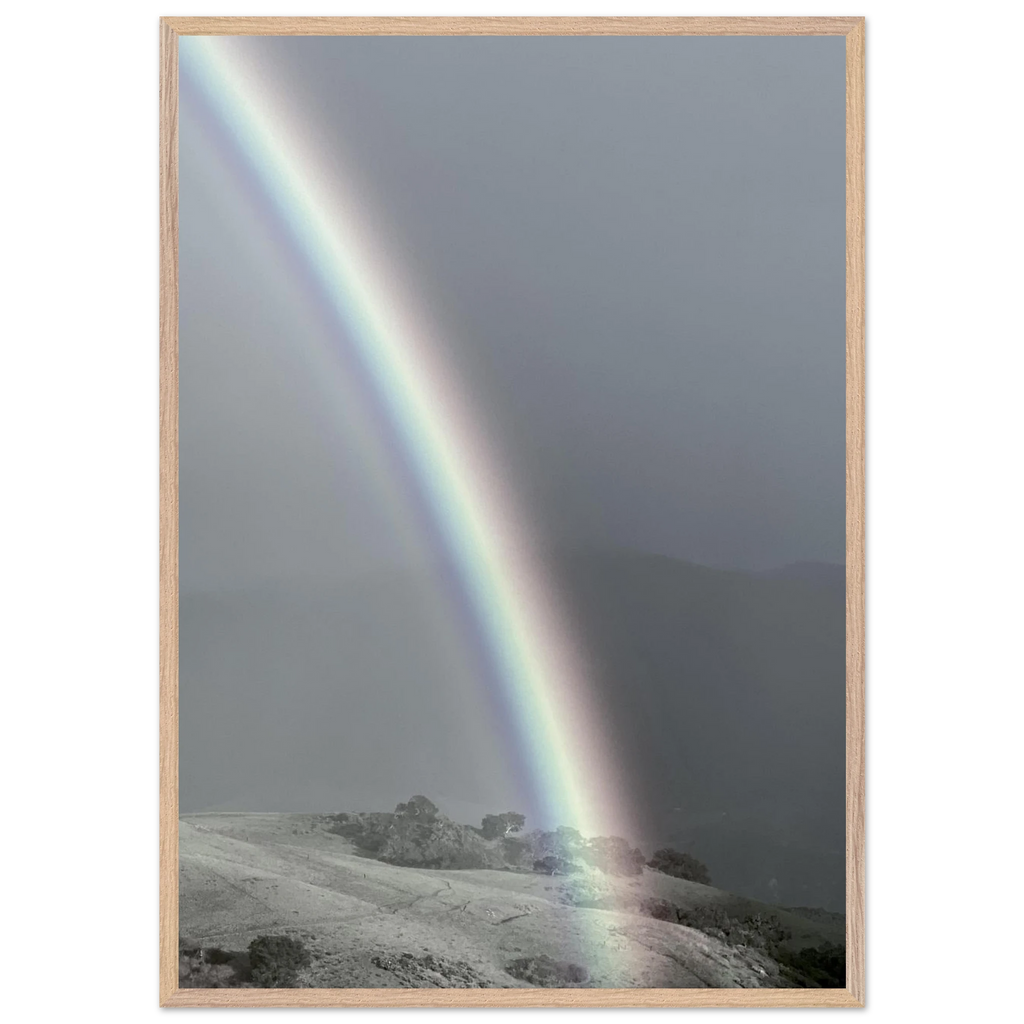 Black and white framed poster of Post Summer Storm Rainbow print from the California Central Coast travel collection, studio edition spring 2026.