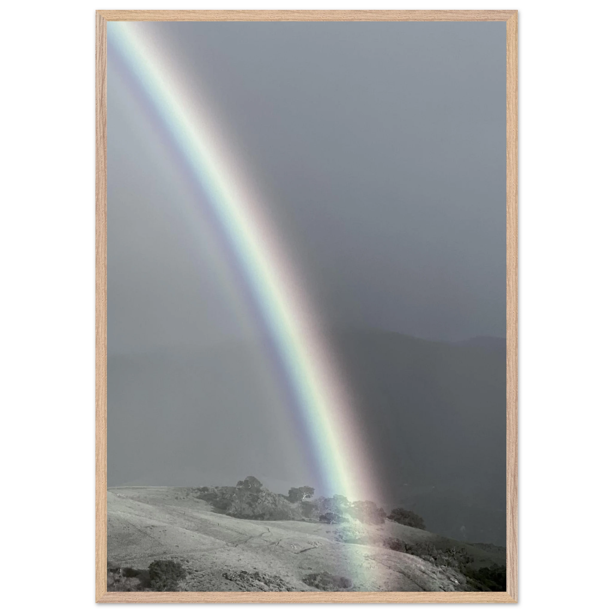 Black and white framed poster of Post Summer Storm Rainbow print from the California Central Coast travel collection, studio edition spring 2026.