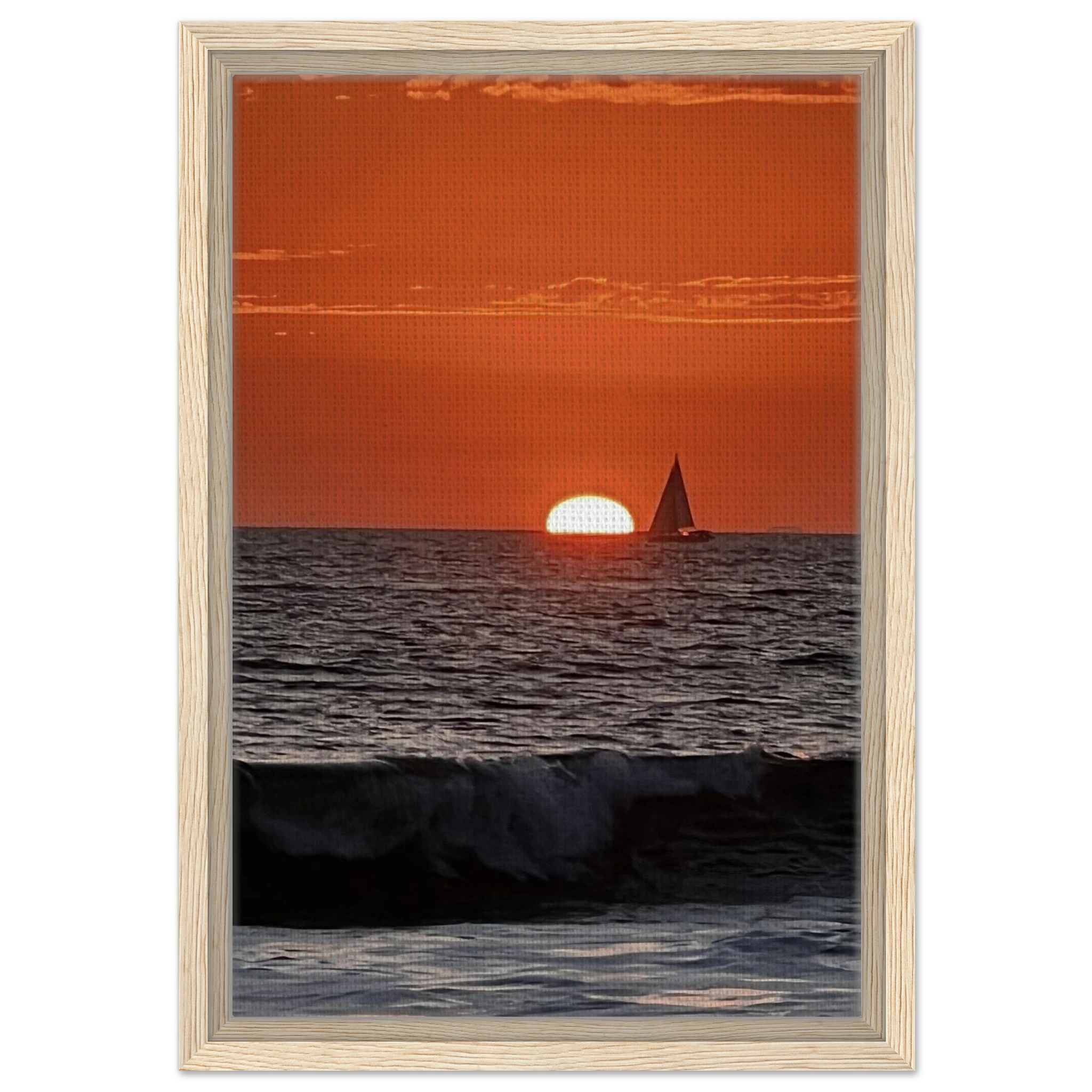 Wooden framed canvas print of California Red Sunset Series 4/4 by CaliCuration, featuring vibrant red hues in a captivating sunset scene.